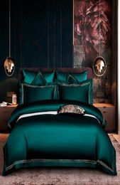 Embroidered Deep Green Blue Duvet Cover Set Premium Soft Egyptian Cotton Bedding set QueenKing size 4Pcs 1BedSheet 2Pillowcases C2250419