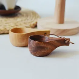Spoons Rubber Wood Water Cup With Handle Outdoor Climbing Coffee Wooden Finland Hand Convenient Hanging Hole Teacup