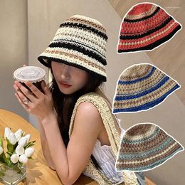 Berets Bohemian Striped Knitted Fisherman's Hat Retro Hollow Out Silk Cotton Woven Bucket Hats Summer Outdoors Accessories