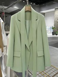 Women's Suits LANMREM Green Belt Blazers For Women Notched Collar Long Sleeves Pocket Chic Style Female Fashion Coat 2024 2DA5207