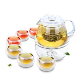 Teaware Sets 1x Chinese Coffee Tea Set -485ml Heat-Resisting Glass Flower Pot Round Warmer 6 Double Wall Layer Cups