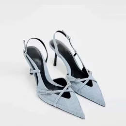 Dress Shoes TRAF ZAZA Women Cowboy Blue Pointed End High Heels Sandals Summer Stiletto Sexy Woman Pumps Fashion Slingback For