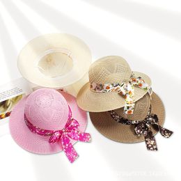 Summer Wide Brim Bowknot Straw Sun Hats for Women Ladies Long Floral Ribbon Outdoor Travel Beach Hat Protection Panama Caps HCS359