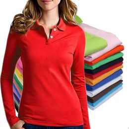 Spring Autumn Pure Color 100% Cotton Lapel T-shirt Women Long Sleeve Slim Lady Polo Shirt Golf Tennis Tops Tees S-4XL 240403