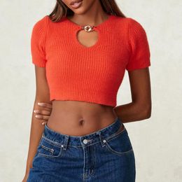 Women's T Shirts Summer Knitted T-Shirts Solid Colour Short Sleeve Chain Cutout O Neck Cropped Tops 2024 Fashion Slim Fit Basic Tees