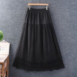 Skirts Japan Style Mori Girl Sweet Lace Hollow Out Embroidery Solid Colour Cotton And Linen Skirt Women