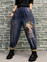 Women's Jeans Retro Cartoon Girlpatch Embroidered Denim Ankle-Length Pants Spring Summer Elastic Waist Stitching Cropped Harem Women