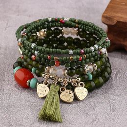 Charm Bracelets Boho 6pcs/set For Women Ethnic Tassel Heart Green Rice Beads Multilayer Bracelet Jewellery Set
