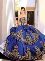 Royal Blue Gold Lace Ball Gown Quinceanera Dresses Sweetheart Embroidery Appliques Beaded Sweet 16 Dresses Sweep Train Quinceanera1537050
