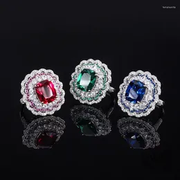 Cluster Rings 10x12mm Rectangle Green Red Ruby Blue Sapphire Mirco Paving Cubic Zircon 925 Sterling Silver Big Ring