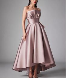 우아한 하이로 핑크 새틴 슬립 벨라스 이브닝 드레스 주머니를 가진 A- 라인 가추치는 비대칭 길이 댄스 파티 드레스 신부 게스트 드레스를위한 우아함
