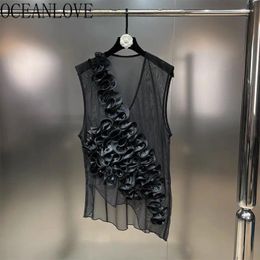 Women's Tanks OCEANLOVE 3D Flowers T Shirt For Women Spring Summer Solid Transparent Irregular Ropa De Mujer Korean Fashion Tank Tops