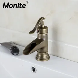 Bathroom Sink Faucets Monite Waterfall Basin Faucet Deck Mounted Antique Brass Mixer Tap Art Design Control Handle