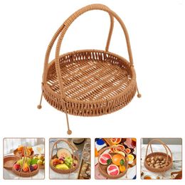 Plates Imitation Rattan Woven Basket Hand Dessert Display Stand Desktop Snack Organizer Storage Holder Round Cake Pan