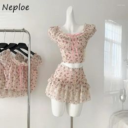 Work Dresses Neploe Sweet Pink Flower Slim Fit Short Sleeve Tops Women Y2k High Waist Lace Ruched Skirts 2024 Summer Two Piece Sets