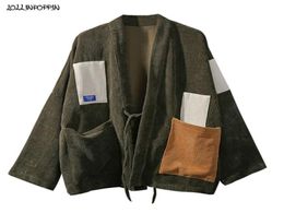 Men039s Jackets Japan Style Men Corduroy Kimono Jacket Colorblocking Patched Design Drop Shoulder Haori Oversize Loose Thin Co3311667