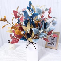 Decorative Flowers Colourful Simulated Silk Eucalyptus Leaves Floral Arrangement Ornament Single Long Branch Plants Wedding Party Home Decor