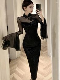 Casual Dresses Sexy Midi Dress Women Mesh Black Velvet Patchwork Flare Sleeve Bodycon Wrap Hip Party Robe Slim Elegant One Piece Vestidos