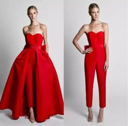 New Red 2019 Krikor Jabotian Jumpsuits Evening Dresses with Bow Detachable Train Sweetheart Prom Formal Party Gowns3393784