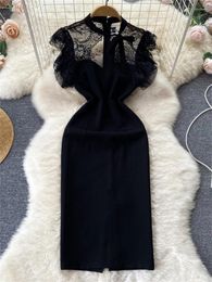 Casual Dresses Women Black Elegant Office Dress Summer Slim Sleeveless Lace Patchwork Bodycon Ladies Vintage Midi Robe Vestidos