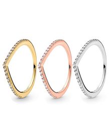 Authentic 925 Sterling Silver Sparkling Wishbone Ring 18K gold rose gold Women Gift with Original box for Rings set9916008