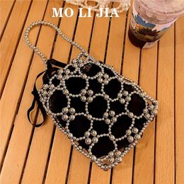 Shiny Beads Beading Handmade Woven Bucket Bag Hollow Out Women Fashion Handbag Dinner Party Clutch Purse Shoulder Crossbody Bag 240411