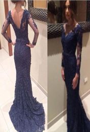 Navy Blue Lace Prom Dress With Sheer Illusion Neckline Long Sleeve Evening Dresses Mermaid Covered Low Back Party Gown Dinner Dres6639669