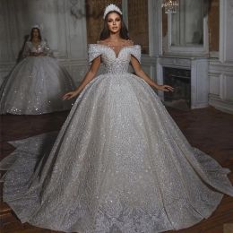 Luxury Ball Gown Wedding Dresses Sexy Off Shoulder Sequin Appliqued Lace Bridal Wear Custom Made Country