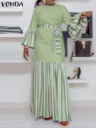 Sıradan Elbiseler Vonda 2024 Bohem Vintage Maxi Elbise Kadınlar Uzun Fener Kollu Sundress Gevşek Kuşak Patchwork Çöp Femme Büyük Boy