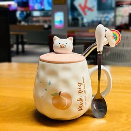 Mugs Cartoon Creative Household With Covered Spoon Cute Pig Ceramic Cup Girl Heart Breakfast Can Be Heated In Microwave Oven