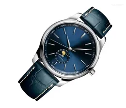 Wristwatches Mens Watch Automatic Mechanical 904L Master MoonPhase Steel Leather Blue Diamonds Collection Wristwatch 40mm