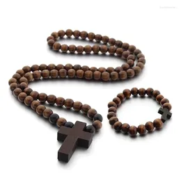 Necklace Earrings Set Vintage For Cross Pendant Wood Beads Sweater Chains Bracelet Unisex Women Men Wedding Jesus Jewerly Party G