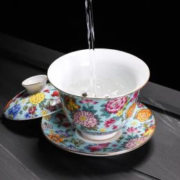 White Porcelain Sancai Gaiwan Colour Enamel Cover Bowl Lid Saucer Vintage Handmade Tea Tureen Teaware Sets Gift 200ML