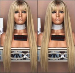 Long glueless natural brazilian full Lace Front Wigs With Bangs brown roots blonde ombre synthetic hair wig for women cosplay wig4252758
