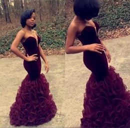 African Burgundy Mermaid Style Open Back Prom Dresses Sweetheart Neck Ruffles Train Sexy Evening Gowns8971419