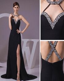 High Quality Sexy Black Long Aline Beaded Halter Evening Dress Chiffon CrissCross Straps Back Prom Dress Court Train Party Dress5832061