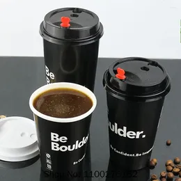 Disposable Cups Straws 50pcs High Quality Black Coffee Cup Creative Birthday Party Tea Juice Drink Paper Takeaway Packaging With Lid