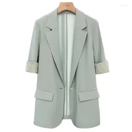 Women's Suits Summer Women Patchwork Blazer Green Thin Elegant 3/4 Sleeve Single Button Suit Jacket Office Ladies Workwear