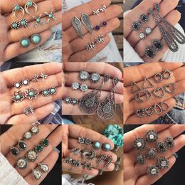 Stud Earrings 4Pairs /Set Boho Cross Moon Flower Gem Silver Color Set Women Punk Personality Party Clothing Jewelry