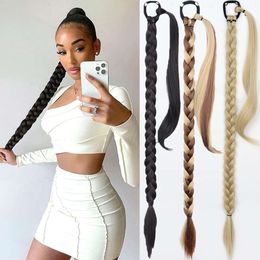 Synthetic Long Braided Ponytail Hair Extensions for Women Black Blonde Wrap Around Pony Tail Hairpieces High Temperature Fibre