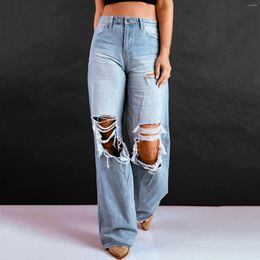 Women's Jeans Womens Vintage Blue Classic Ripped Straight Korean Autumn Clothes Denim Pants Pocket Perforated Pantalones
