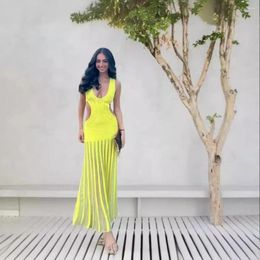 Casual Dresses Women Summer Yellow Sleeveless Hollow Out Deep V Neck Pocket Slim Long Dress High Waist Beach Clothes