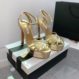 Aquazzura Gold metallic feeling Platform sandals 140mm Women's High heeled sandals chunky block heels Ankle Strap Dress shoes Designer Pumps Evening shoes Size 35-42