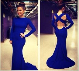 Royal Blue Evening Dresses With Long Sleeve Cross Backless Mermaid Elegant Satin Evening Gowns Sexy Formal Dresses5914819