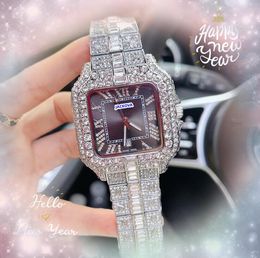 Popular mens full diamonds ring strap watch quartz battery shiny starry waterproof clock table day date time square face automatic movement wristwatch gifts