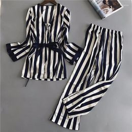 Home Clothing Women Silk Pajamas Sets 3 Pieces Fashion Spaghetti Strap Tops Satin Sleepwear Female Stripes Long Sleeve Pijama