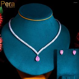 Necklace Earrings Set Pera Sweet Pink CZ Crystal Water Drop Pendant Wedding Sets For Women Clothing Party Jewellery Accessories J496