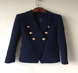 High Quality Designer Fashion Blazer Jacket Women Gold Buttons Double Breasted Navy Blue Slim Blazers Outerwear Women Suits Coat C4255871