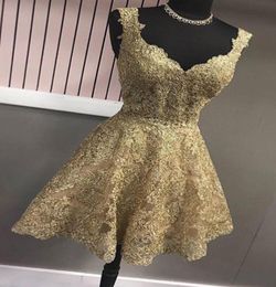 Gold V neck Homecoming Short Prom Dresses Cheap V neck With Straps Lace Bodice A line Princess New 2022 Graduation Party Formal Dr8292209