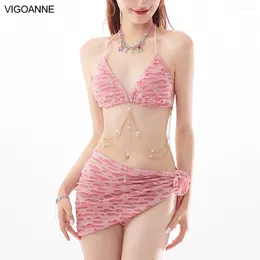 Women's Swimwear VigoAnne Solid Sexy 3 Piece High Waist Skirt Bikini Set Women 2024 Tied Halter Push UP Swimsuit Backless Korean Bathing